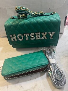 Green Quilted Crossbody Bag with Crystal Lettering and Gold Chain
